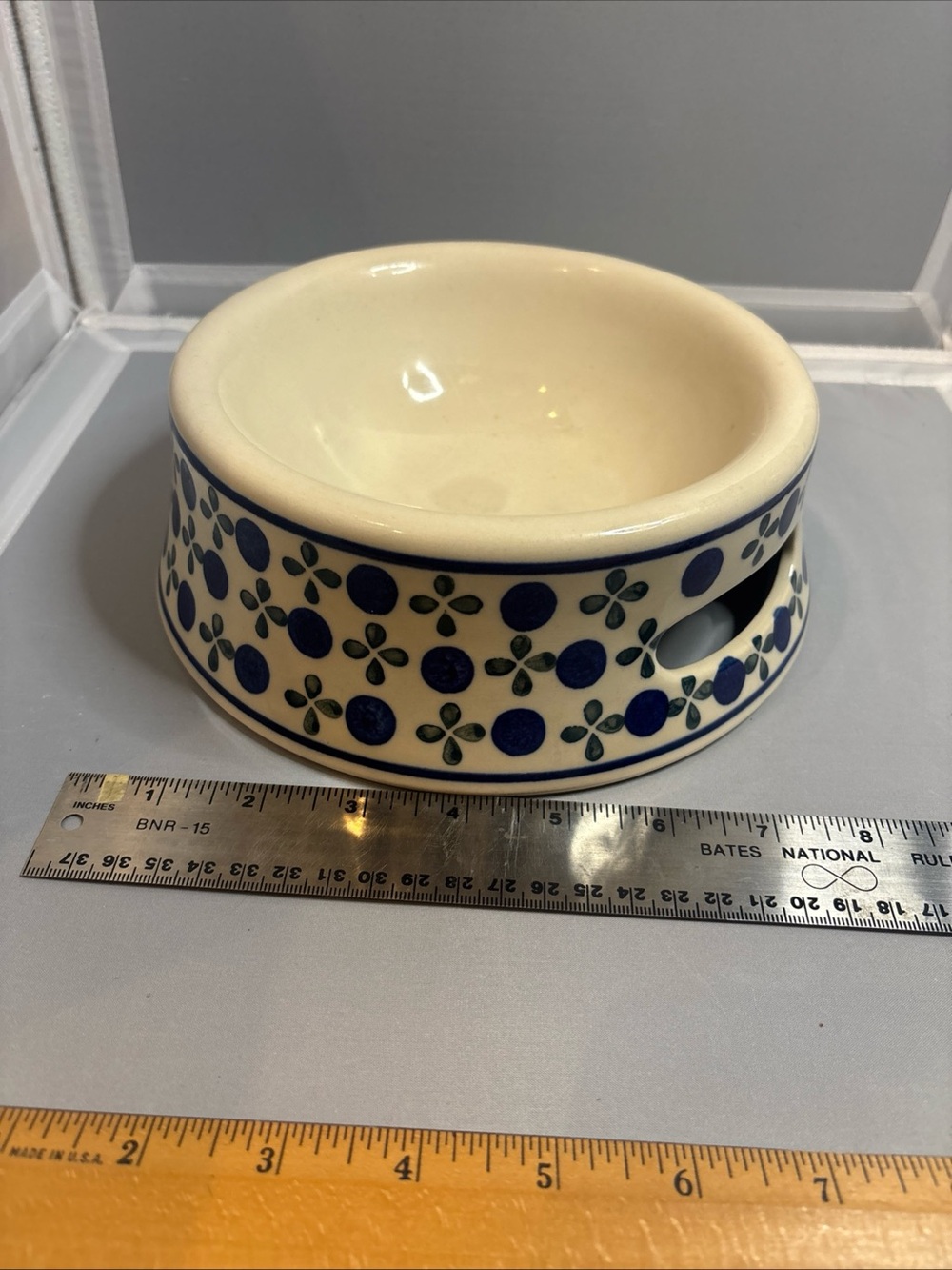 Vintage Polish pottery dog bowl Ceramic Blue Dot Pattern Pet Bowl